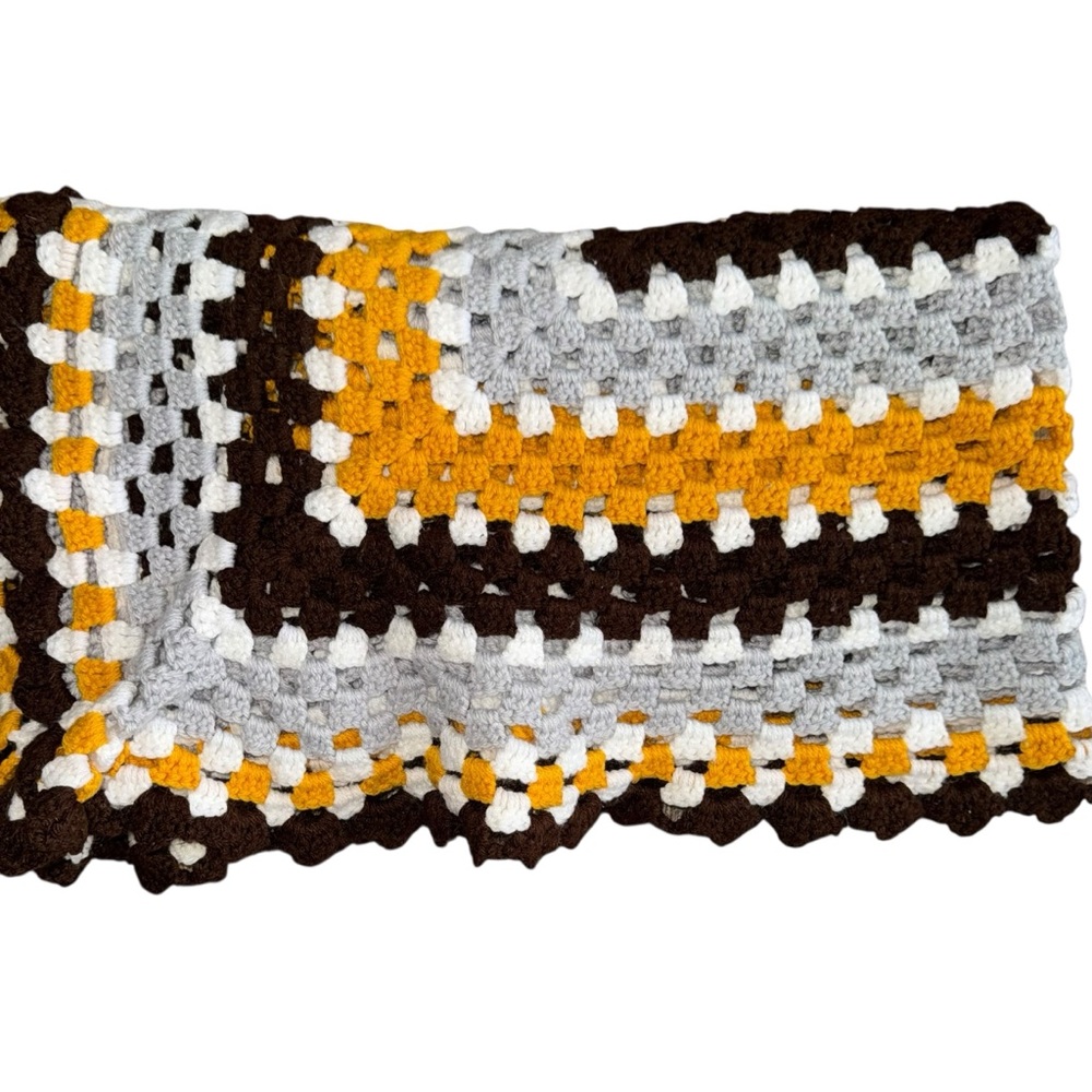 Handmade Crochet Granny Square Blanket 36x36 Brown Gold White Gray Throw - Picture 2 of 3